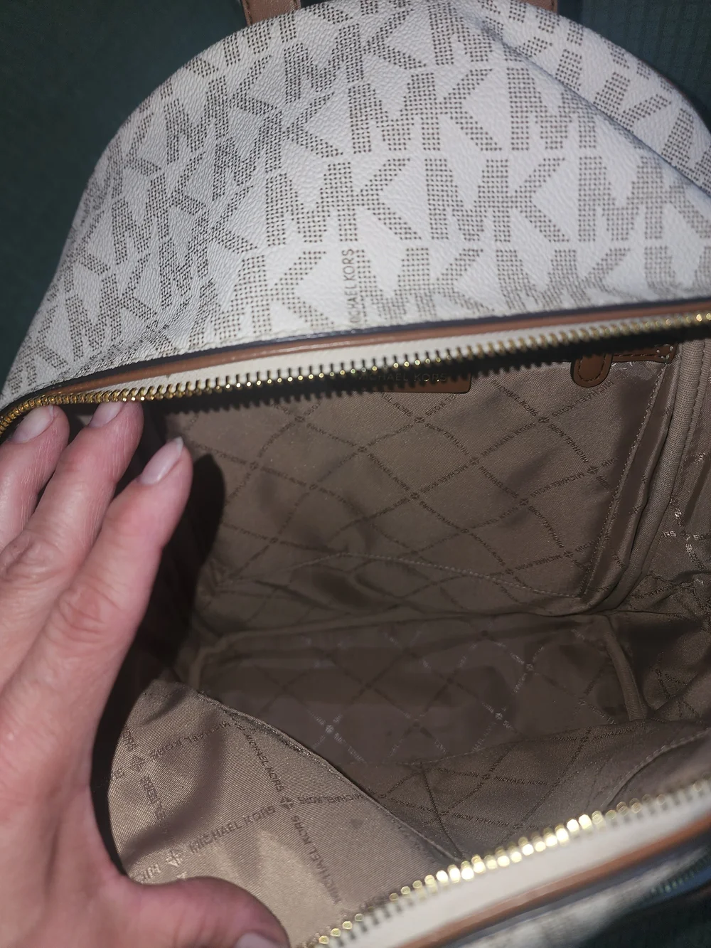 Michael Kors White and Tan MK Logo Backpack